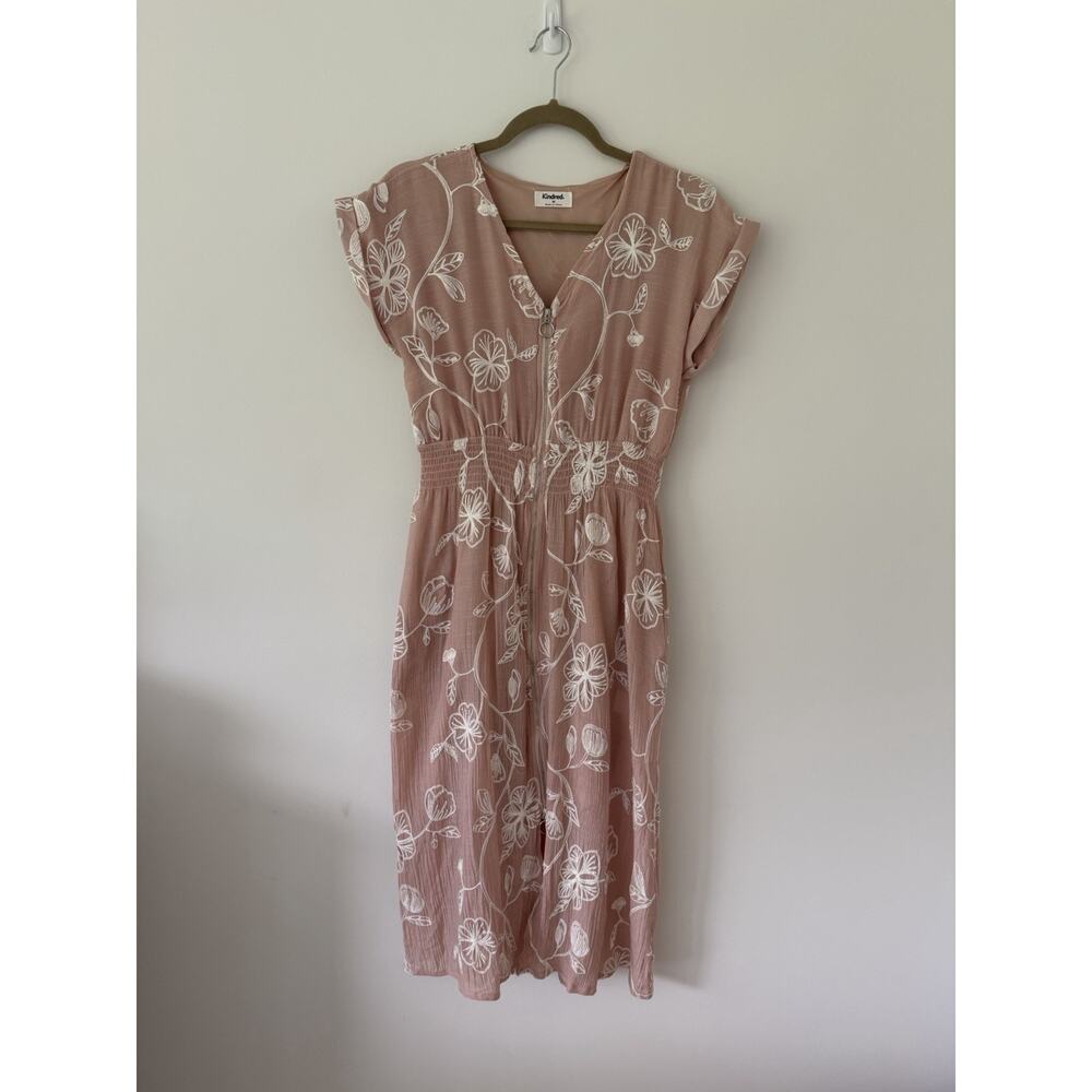 Kindred Embroidered Floral Midi Dress M Dusty Rose Zip Front Boho Cottagecore - Picture 2 of 9